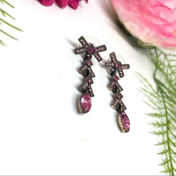 VINTAGE⚜️Marquise Bow Pink Crystal Pavé Droplet Earrings - Picture 4 of 7